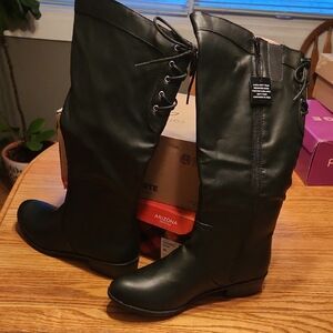 Black Over the Knee Boots with Wedge Heel and Zipper